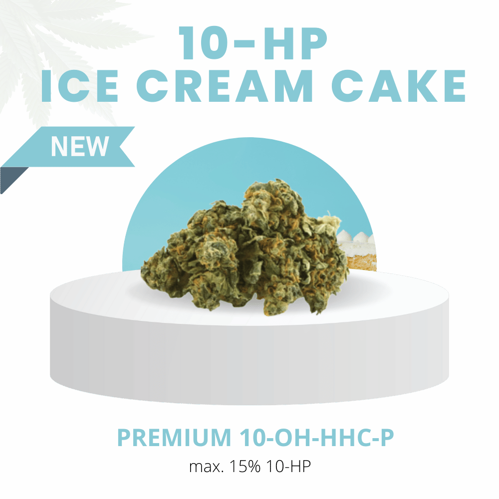 Ice Cream Cake Hybrid, Indica-dominant, präsentiert auf einem weißen Podest. Premium 10-OH-HHC-P Blüten mit süßem, cremigem Aroma und Noten von Vanille und Sahne.
