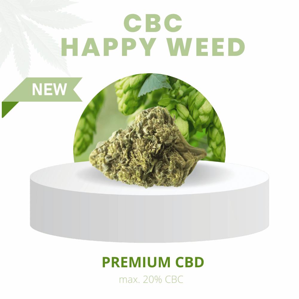CBC Happy Weed mit 20 % Cannabichromen (CBC), präsentiert auf einem weißen Podest. Premium-Produkt mit vielseitigen Anwendungsmöglichkeiten und natürlicher Unterstützung des Wohlbefindens.