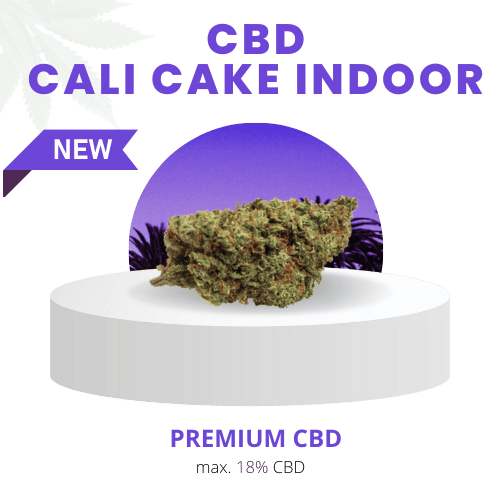 Premium Cali Cake Indoor CBD 18 % Blüten, präsentiert auf einem weißen Podest mit violettem Hintergrund. Süßes, kuchenartiges Aroma mit Vanille- und cremigen Nuancen, hergestellt in aromageschütztem Beutel.