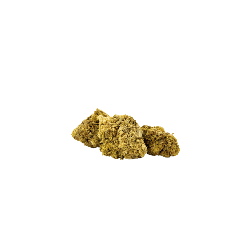 Detailansicht von Godmother O.G. Kush Blüten, kompakt und goldgrün. Hochwertige Premium-Sorte mit natürlichem Aroma und Verpackung in 3 g Beuteln.