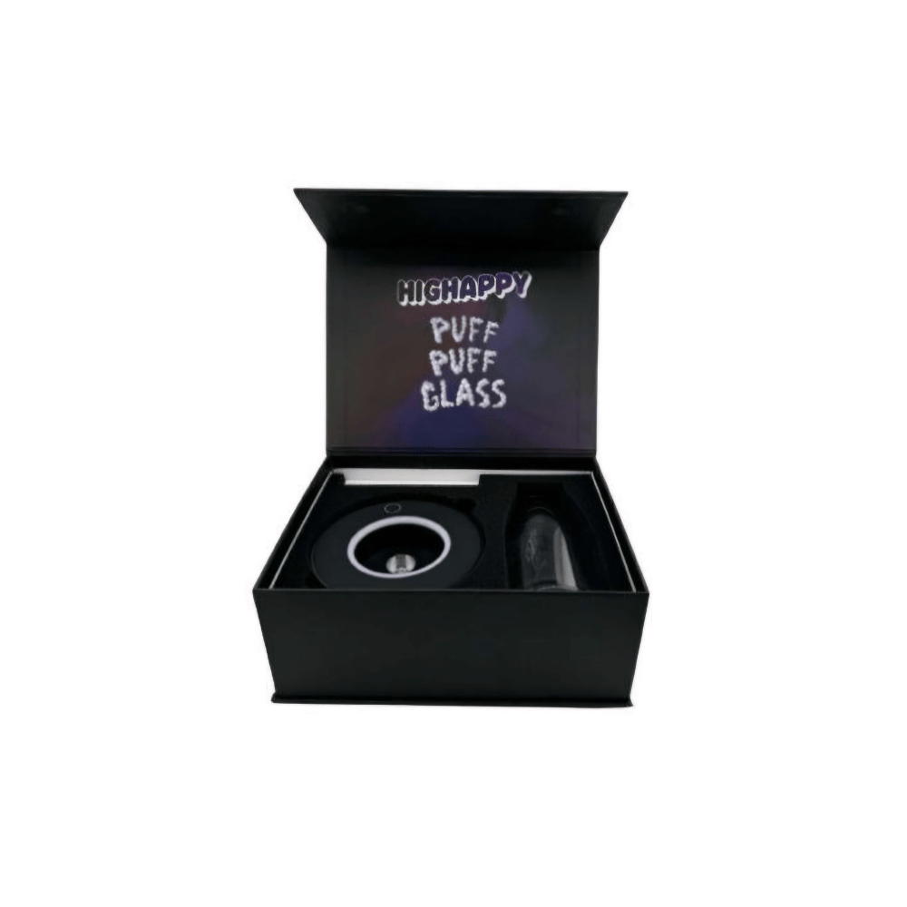 Verpackung des Puff Puff Glass Vaporizers mit umfangreichem Zubehör – Inklusive Quarz- und Keramik-Atomizer, USB-C-Ladegerät und Reinigungsset.