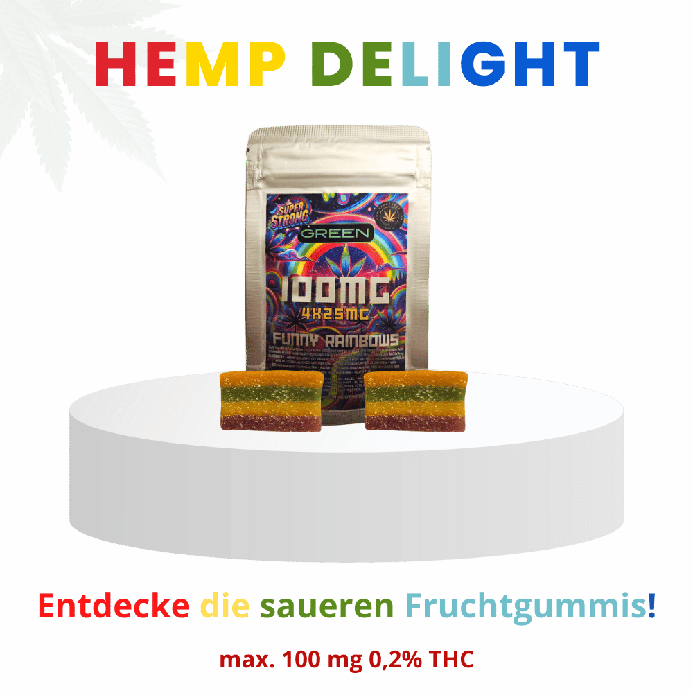 Hemp Delight saure Frucht Kieselsteine – 4 Stück mit insgesamt 100 mg THC, THC-Gehalt unter 0,3%, ideal für dekorative Zwecke oder als Badezusatz.