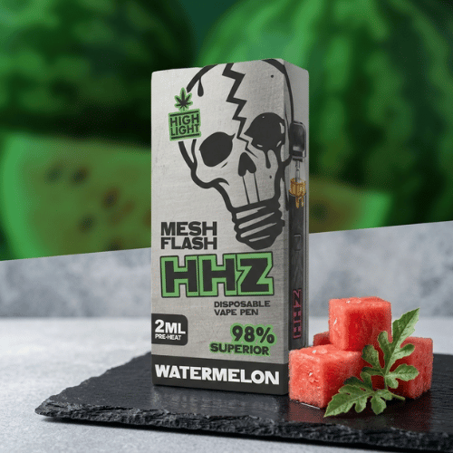 Erfrischendes Produktbild der HHZ Watermelon Vape 2ml mit saftigen Wassermelonen-Würfeln auf Schieferoptik.