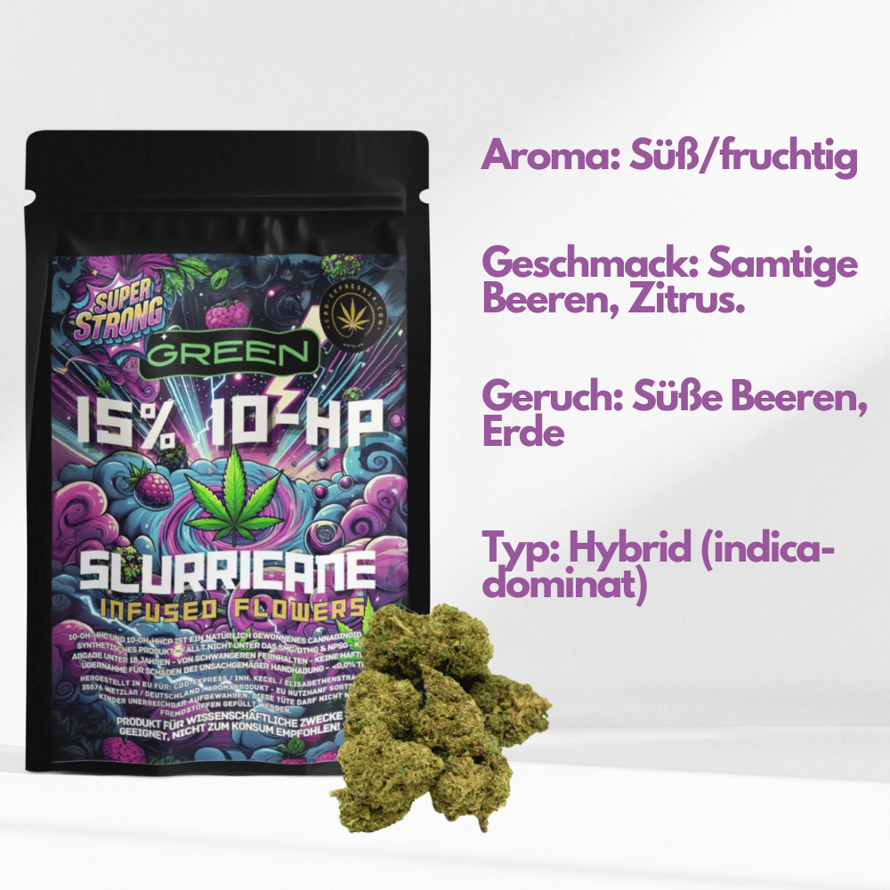 Verpackung der Slurricane 10-OH-HHC-P Blüten – Fruchtige, süße Aromen kombiniert mit einem Hauch von würziger Erde, perfekt für Kenner.