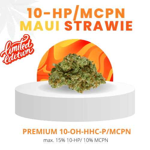 Maui Strawie Limited Edition, Premium 10-OH-HHCP und MCPN Blüten mit tropischem Ananas- und Strawanna-Aroma, präsentiert auf einem weißen Podest.