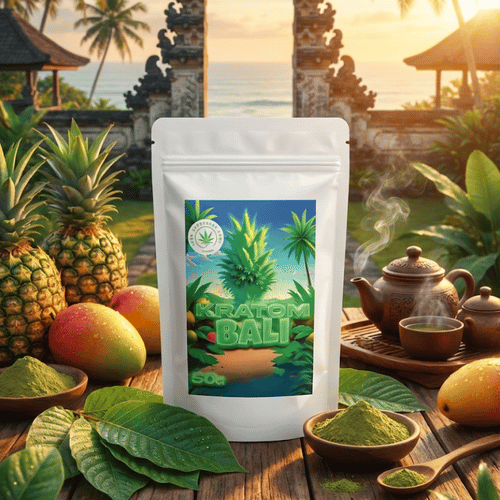 Kratom Bali 50g Standbeutel mit Etikett auf Holztisch, tropische Strandkulisse im Hintergrund, fein gemahlenes Pulver und Blätter dekorativ platziert.