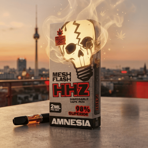 HHZ Mesh Flash Einweg Vape 2ml Sorte Amnesia mit 98 Prozent Superior Logo vor urbanem Hintergrund.